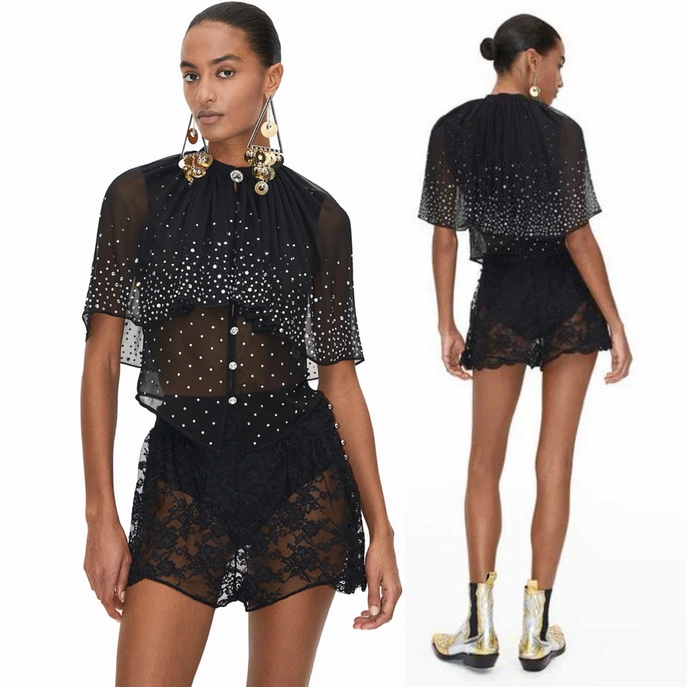 Rabanne x H&M Crystal Embellished Black Chiffon Caped Top